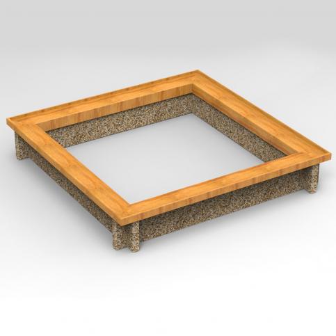 Piaskownica z betonu płukanego KR 2065 z wygodnym drewnianym siedziskiem o wymiarach 210 x 210 x wys. 36cm
