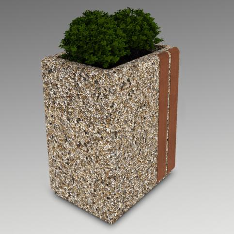 Wyższa wersja prostokątnej donicy z serii LARGO w której powierzchnia betonu płukanego została wzbogacona o elementy drewniane.
