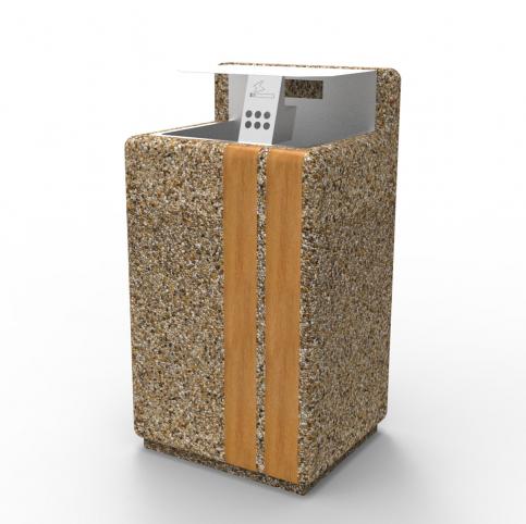 Betonowy kosz zewnętrzny, wykonany w technologii betonu płukanego. Kosz został wyposażony w stalowy wkład z popielnicą oraz daszkiem. Produkt należy do serii LARGO.