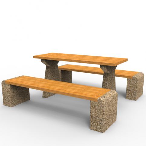 Zestaw parkowy WIKA wykonany w technologii betonu płukanego. Zestaw składa się z dwóch ławek bez oparcia oraz stołu ogrodowo-parkowego. 