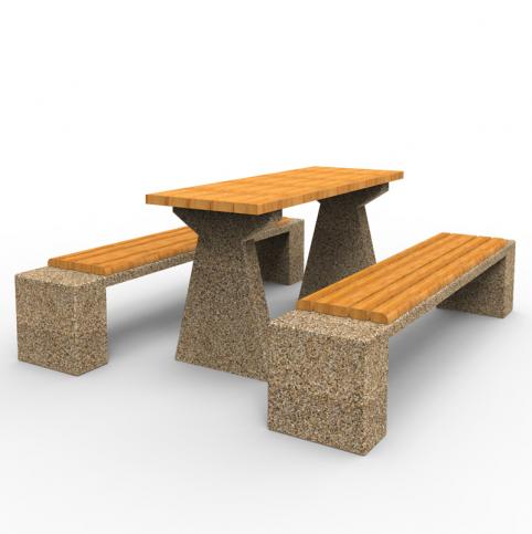 Zestaw piknikowy SKAT wykonany w technologii betonu płukanego z charakterystyczną warstwą odsłoniętego kruszywa naturalnego.