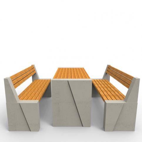 Zestaw piknikowy, który składa się z dwóch ławek WISA deco z oparciem oraz stołu WISA deco. Produkt wykonany w technologii betonu architektonicznego.