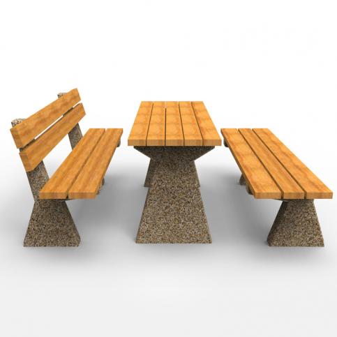 Zestaw piknikowy, w skład którego wchodzą dwie ławki POLA oraz stół ogrodowo — parkowy. Zestaw wykonany został w technologii betonu płukanego. 