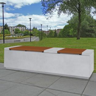 Ławka parkowa wykonana w technologii betonu architektonicznego, z wygodnym drewnianym siedziskiem.
