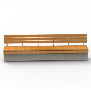 Ławka betonowa wykonana w technologii betonu architektonicznego, wyposażona w wygodne siedzisko oraz oparcie wykonane  z drewna iglastego 