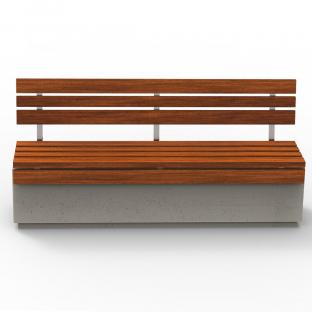 Nowoczesna ławka zewnętrzna wykonana w technologii betonu architektonicznego, z wygodnym siedziskiem oraz oparciem wykonanym z drewna egzotycznego Sapeli.