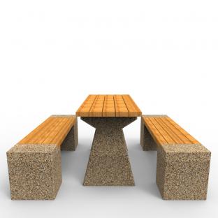 Ławki WEGA oraz stół ogrodowopiknikowy, wykonane w technologii betonu płukanego. 