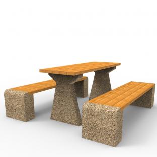 Zestaw parkowy WIKA wykonany w technologii betonu płukanego. Zestaw składa się z dwóch ławek bez oparcia oraz stołu ogrodowoparkowego. 